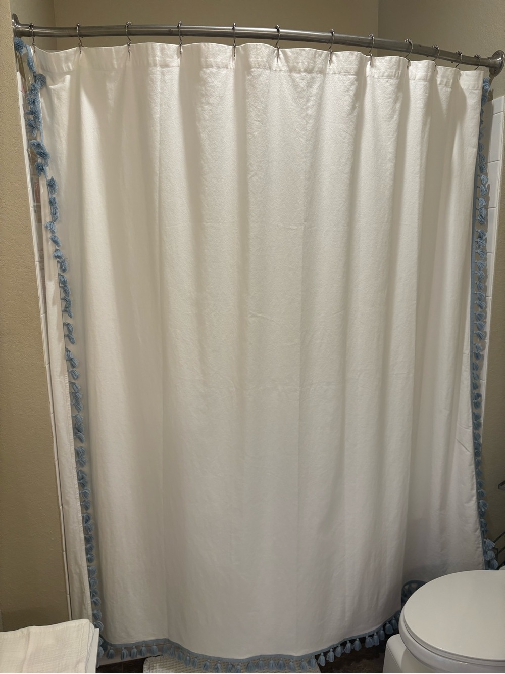 Serena & Lily White Cotton Shower Curtain with Coastal Blue Tassel Trim